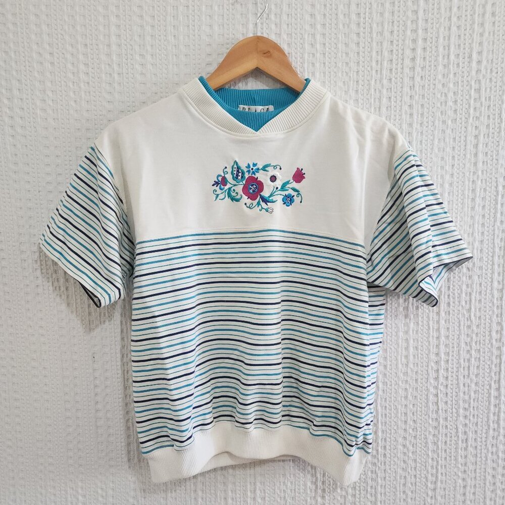 Vintage 80's Embroidered Striped Knit Top Women's Size Small Petite